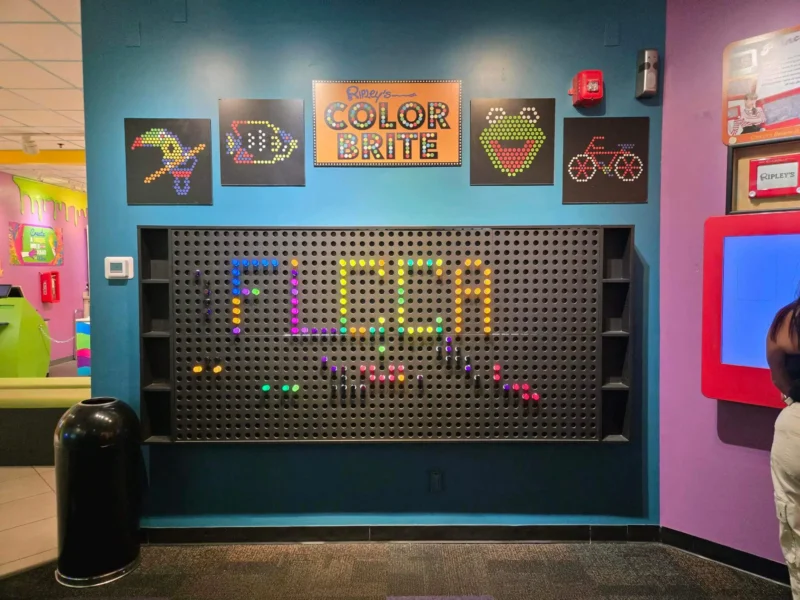 Ekspozisyon miray ak pikèt kolore ki gen mo "FLCCA" sou li nan koulè vibran.